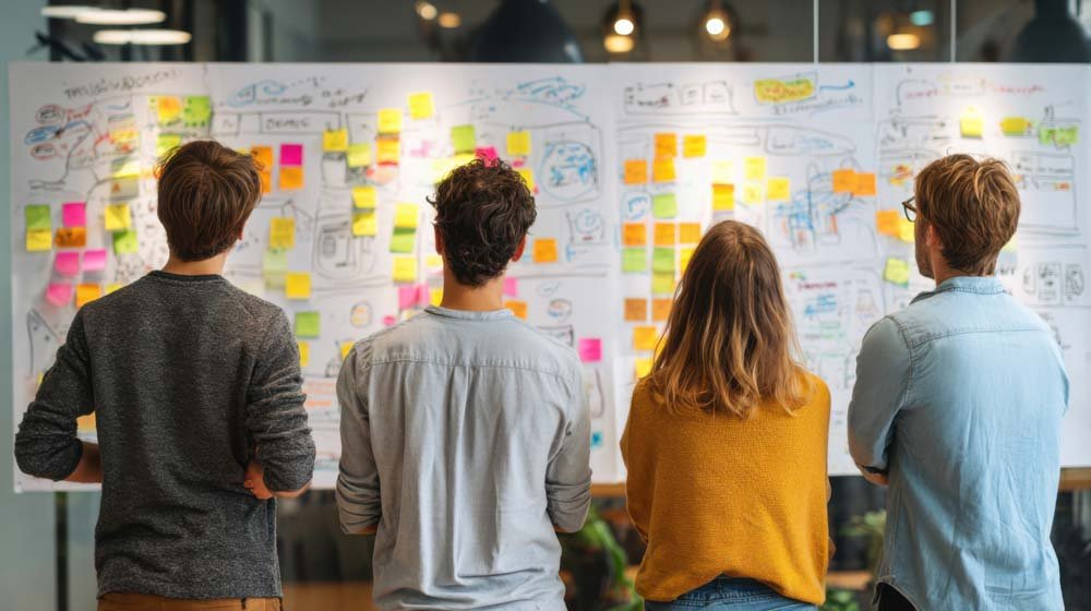 Creative teamwork in a contemporary office as four individuals observe a large whiteboard filled with colorful sticky notes and sketches. Ideas are being generated during a brainstorming session